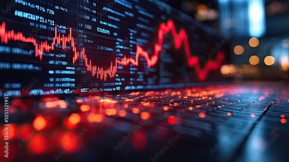 Poster close-up of stock market chart declining, with red and blue colors and the american flag in the back