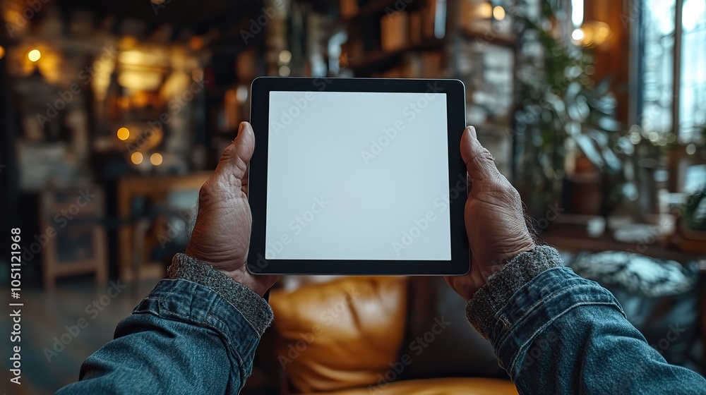 Poster close-up of tablet with blank white screen, held by man at eye level, ready for text or content.stoc