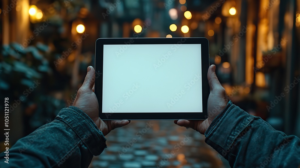 Poster close-up of tablet with blank white screen, held by man at eye level, ready for text or content.