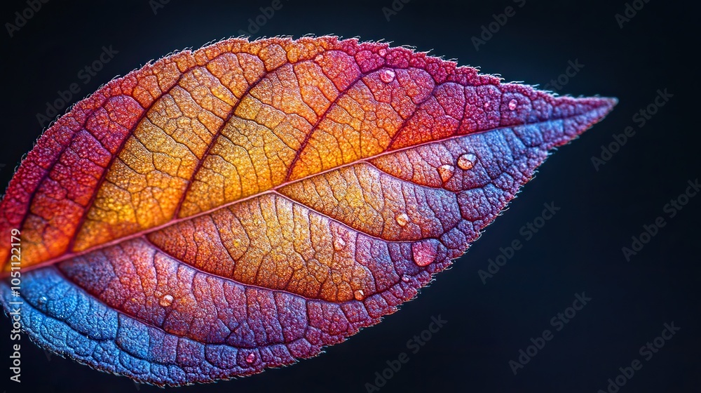 Poster close-up of an autumn leaf edge, with gradient of colors and delicate veins highlighted against dark background.image