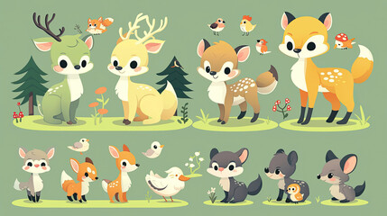 Illustrations of small animals in the forest, including deer, foxes, and rabbits