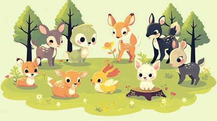 Naklejka premium Illustrations of small animals in the forest, including deer, foxes, and rabbits