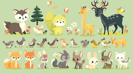 Illustrations of small animals in the forest, including deer, foxes, and rabbits