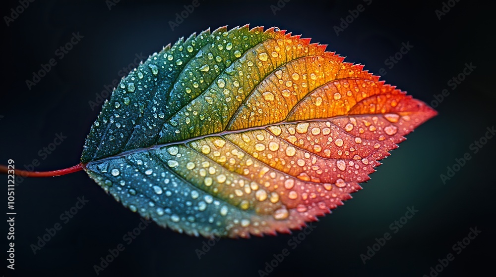 Poster close-up of an autumn leaf with vibrant colors transitioning from green to red, with dark background emphasizing the contrast.illustration