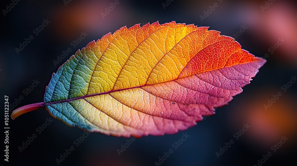 Poster close-up of an autumn leaf with vibrant colors transitioning from green to red, with dark background emphasizing the contrast.