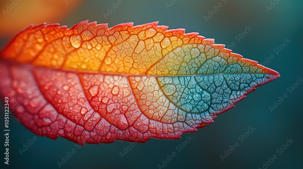 Poster close-up of an autumn leaf edge, with blended colors from green to red, highlighting the textured su