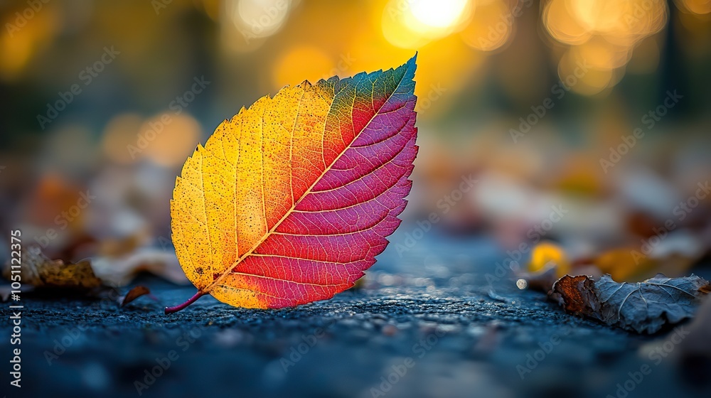 Poster close-up of an autumn leaf, showcasing rich colors transitioning from green to red and yellow, with 