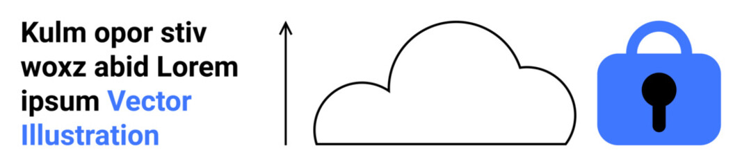 Cloud with arrow pointing upwards and a lock symbol. Placeholder text on the left. Ideal for cloud security, data protection, cybersecurity, encryption, and network security. Banner for landing page