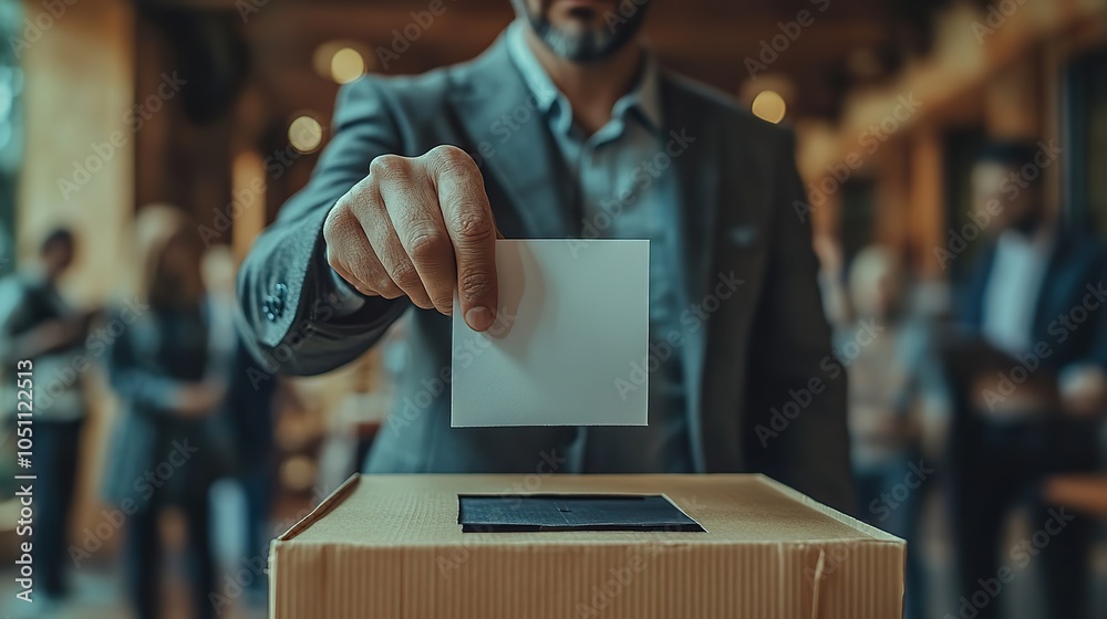 Poster close-up of an open ballot box with man in suit casting his vote, with blurred people in the backgro