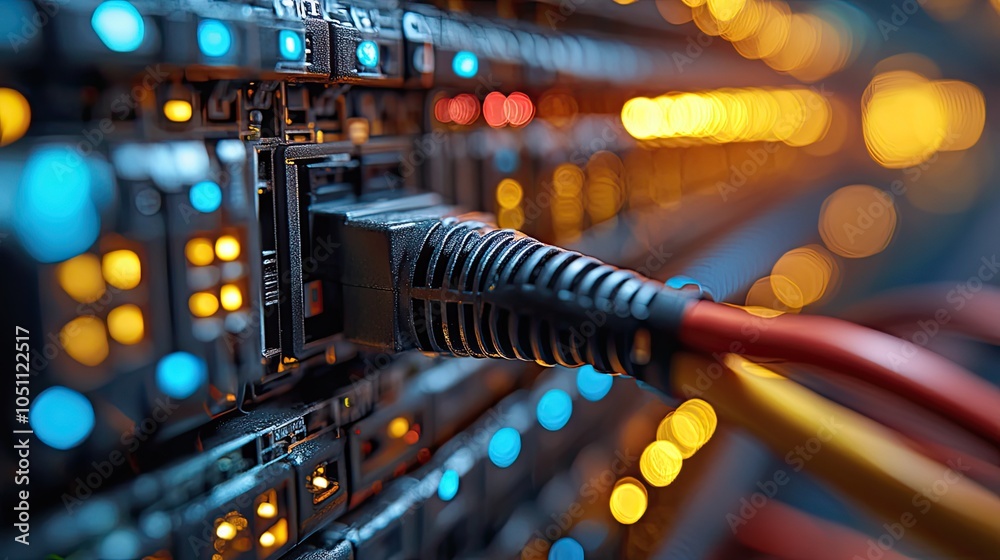 Poster close-up of an internet cable being connected to network switch symbolizes dat transfer and digital 