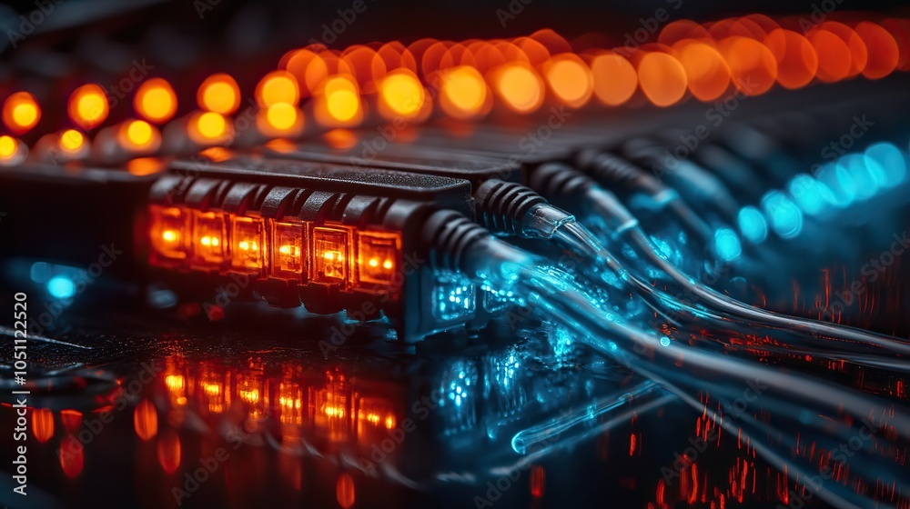 Poster close-up of an internet cable being connected to network switch symbolizes dat transfer and digital connectivity.