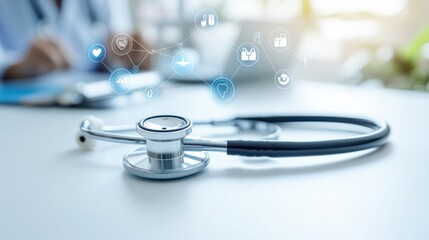 close-up image of a stethoscope resting on a clean white surface,