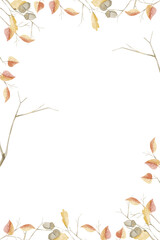 Watercolor Illustration Vertical Frame with Bare Branches and Twigs with Autumn Leaves. Image for Use in Packaging, Print, Web