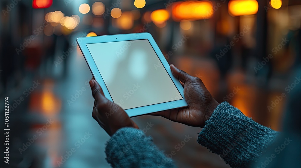 Poster close-up of hands holding tablet with white screen, with the background blurred to focus on the devi