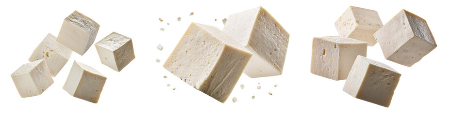 Fresh tofu cubes on a white isolated background.