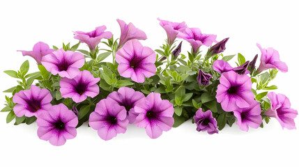Fototapeta premium Nauture and Flower Background - A vibrant arrangement of purple petunias with lush green leaves.