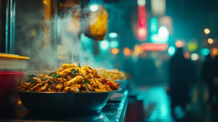 Fototapeta premium Colorful Food from a Vibrant Food Truck at Night