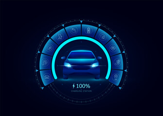 EV Electric vehicle and charging station. Battery at 100 percent status. Alternative to automotive future industry. Environment nature energy technology. Banner vector EPS10.