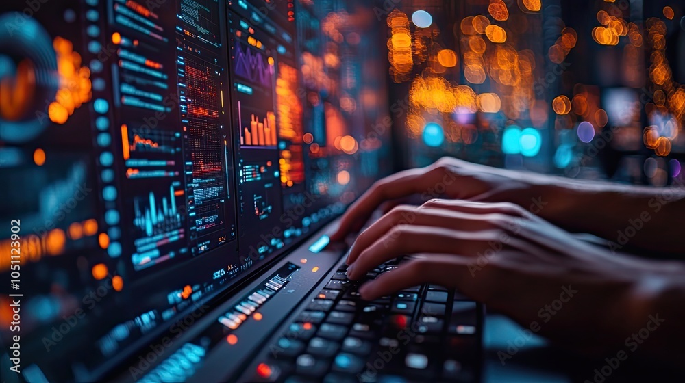 Poster close-up shot of hands typing on keyboard in control room filled with screens displaying dat and graphs.image