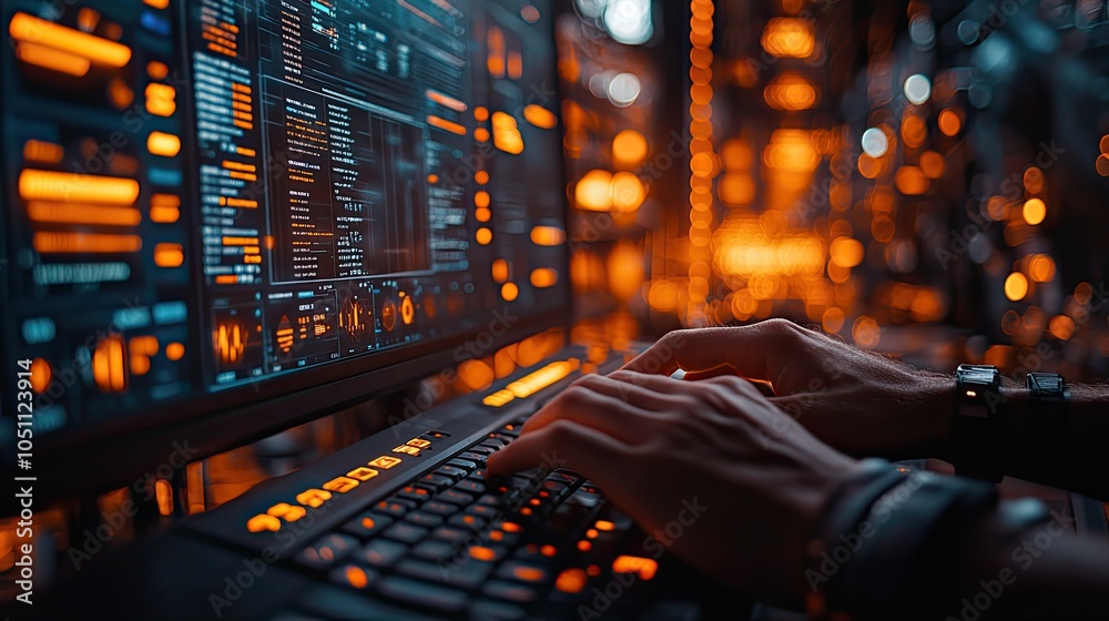 Fototapete close-up shot of hands typing on keyboard in control room filled with screens displaying dat and graphs.stock photo