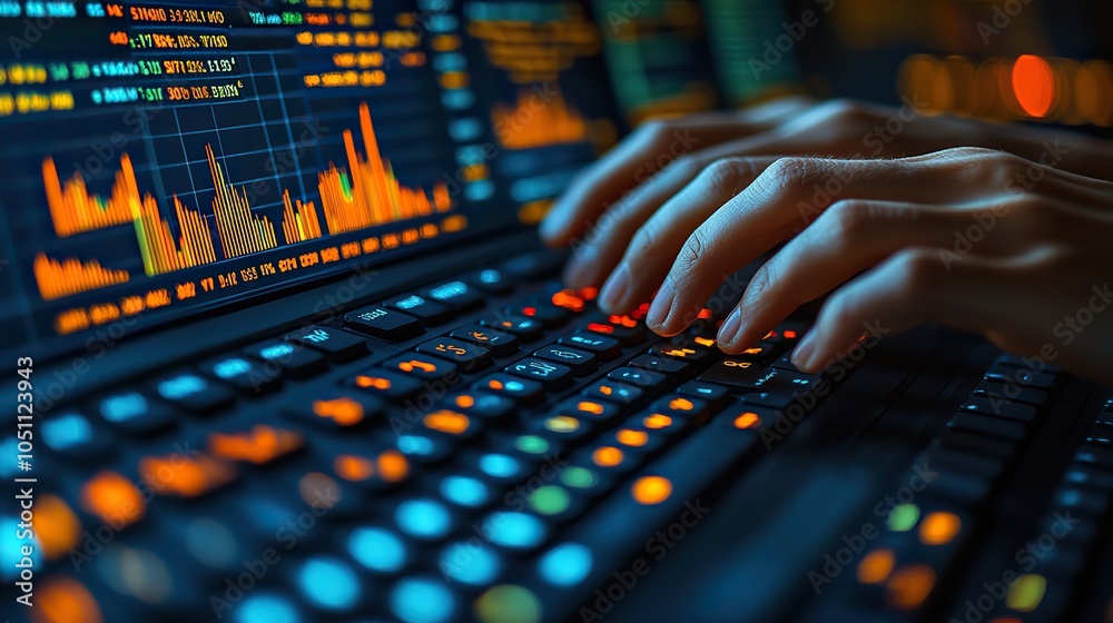 Poster close-up shot of hands typing on keyboard in control room filled with screens displaying dat and graphs.illustration
