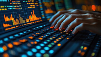 Obraz premium close-up shot of hands typing on keyboard in control room filled with screens displaying dat and graphs.illustration