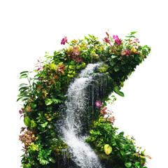 Fototapeta premium Vibrant vertical garden with diverse plants and flowers surrounding a cascading waterfall, creating a tropical paradise feel, isolated on transparent.