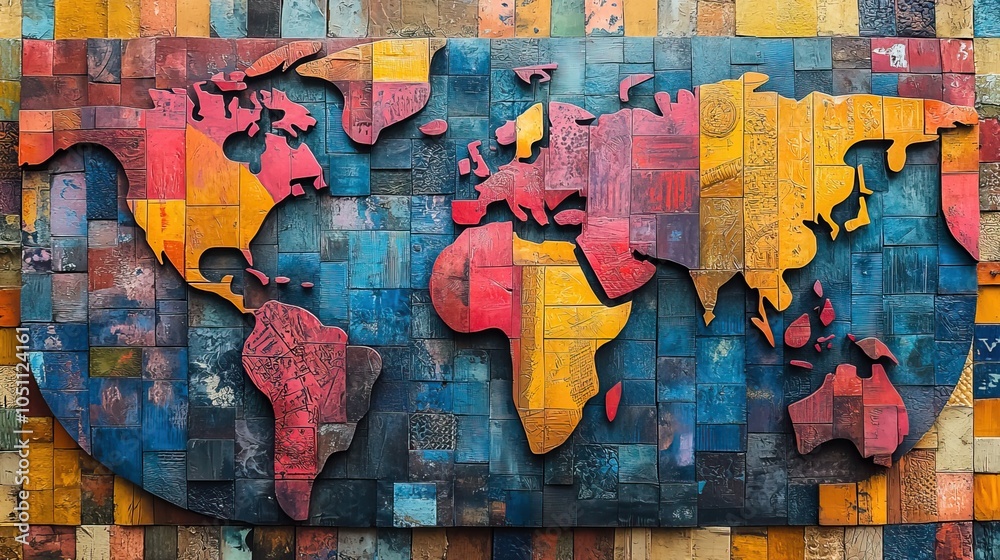 Poster collage of patterns forming the shape of Earth with geometric shapes representing the continents.stock photo