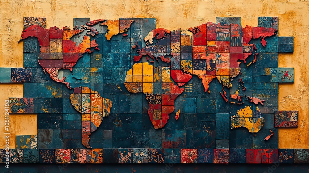 Aufkleber collage of patterns forming the shape of Earth with geometric shapes representing the continents.