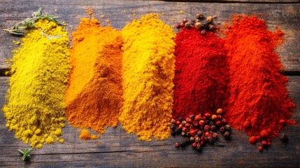 Colorful Herbs and Spices on Rustic Wooden Table