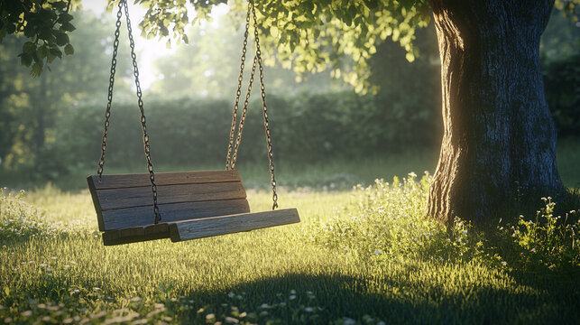 wooden swing hanging from tree in sunny meadow with green grass and white flowers