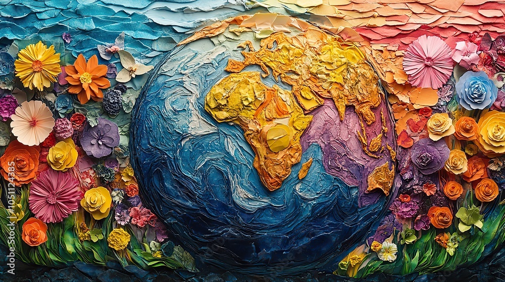 Poster collage of various textures and patterns forms the Earth, with colorful paper cutouts representing diverse landscapes.stock photo