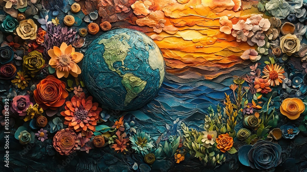 Poster collage of various textures and patterns forms the Earth, with colorful paper cutouts representing diverse landscapes.