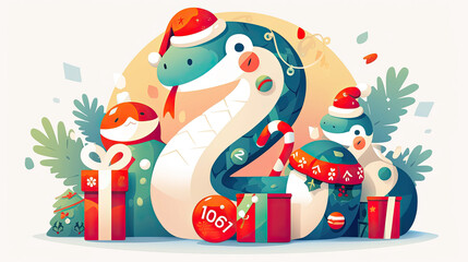 Fototapeta premium Green snake wearing Christmas hat, Chinese New Year