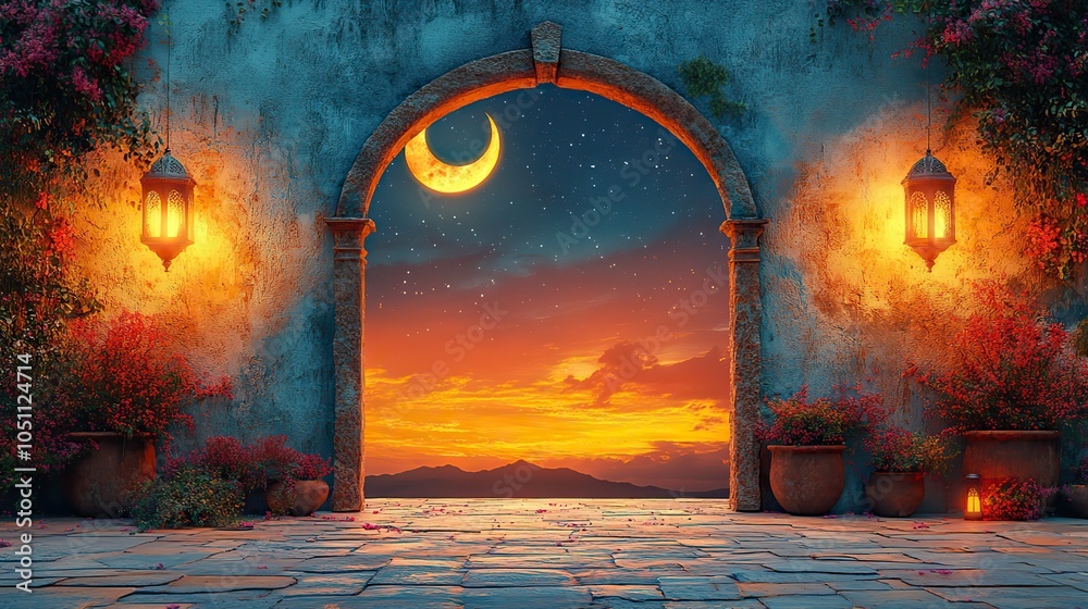 Aufkleber collection of islamic windows and arches in modern boho style with moon and lanterns.illustration