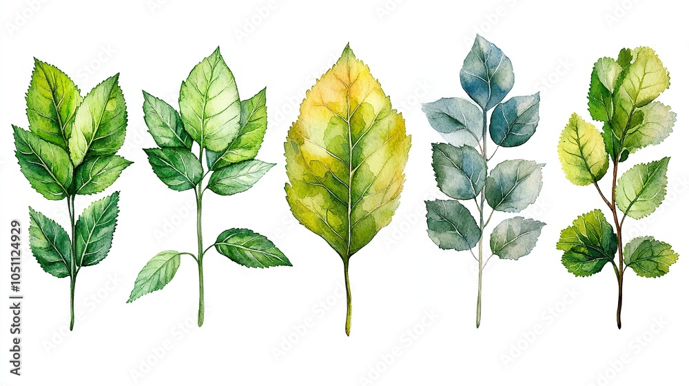 Poster collection of watercolor green leaves in botanical vector set for invitations and cards.image