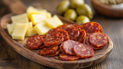 Obraz premium Delicious Tapas with Chorizo and Cheese on Rustic Board