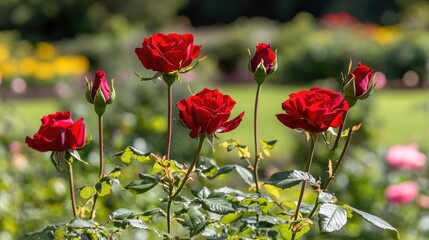 Obraz premium Vibrant Red Roses in a Lush Garden Setting