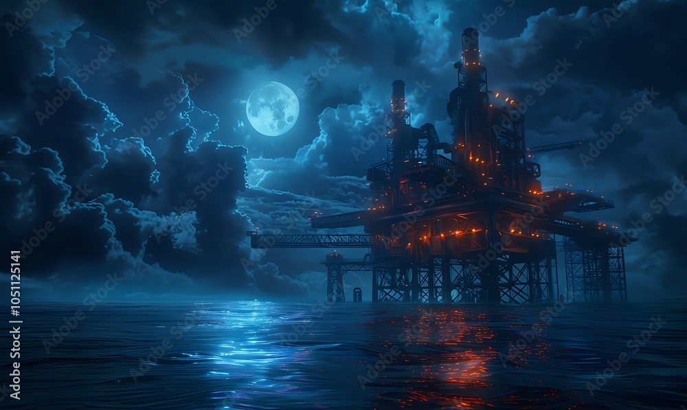 Poster high-tech offshore fuel processing platform converting ocean resources into clean energy
