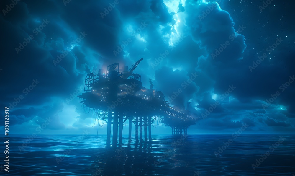Poster high-tech offshore fuel processing platform converting ocean resources into clean energy