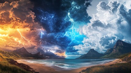 Fototapeta premium Collage of stormy skies with lightning and calm blue skies over beaches and mountains generative ai
