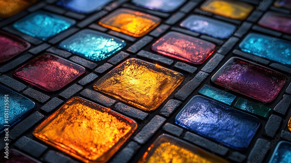 Poster colorful abstract pattern of stained glass tiles, adding vibrancy to digital background.stock photo