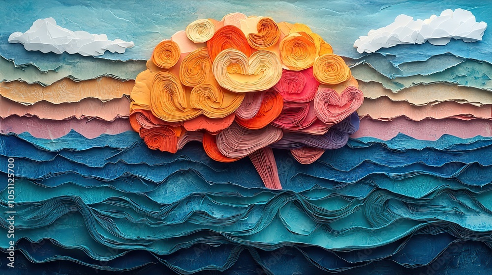 Poster colorful and mixed-medi collage of brain set against backdrop of ocean and sky, integrating paper cu