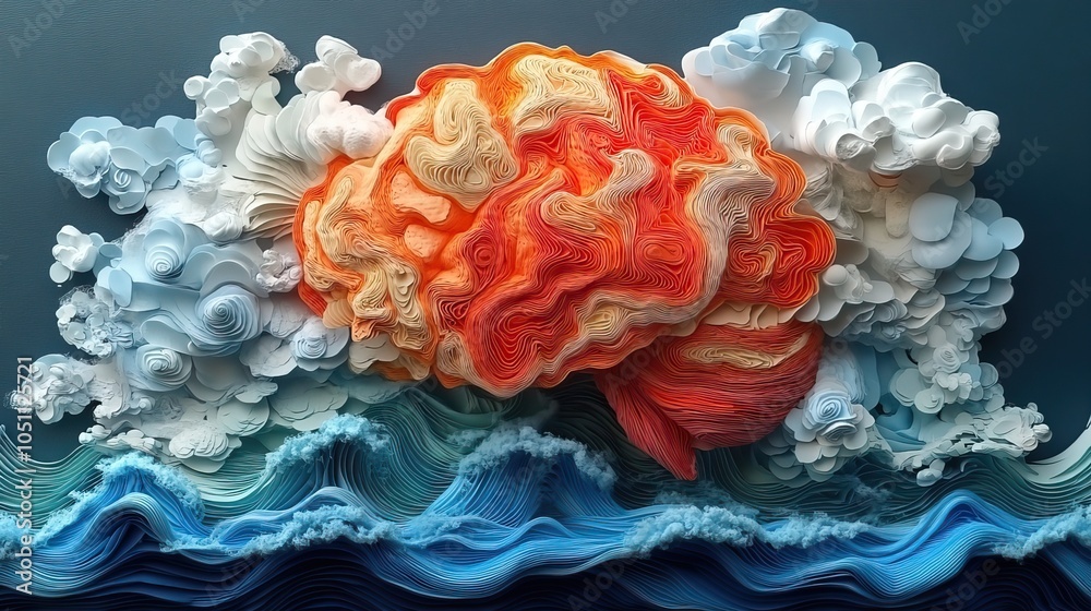 Aufkleber colorful arrangement of objects forming the structure of an anatomical brain, with elements like ocean waves and clouds.