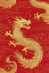 Fototapeta premium golden dragon on red background
