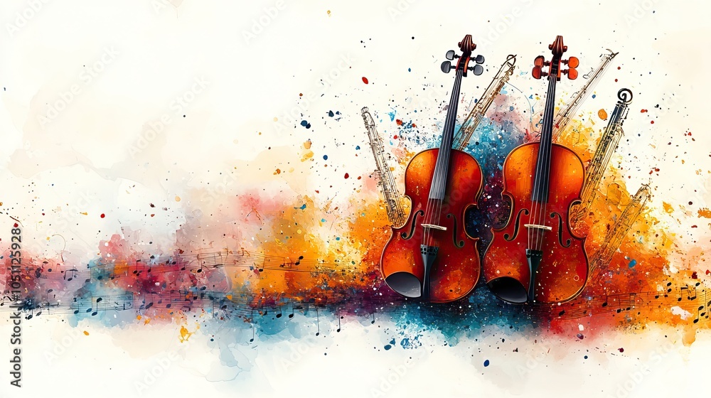 Poster colorful background filled with music notes and instruments, providing space for text or designs.ill