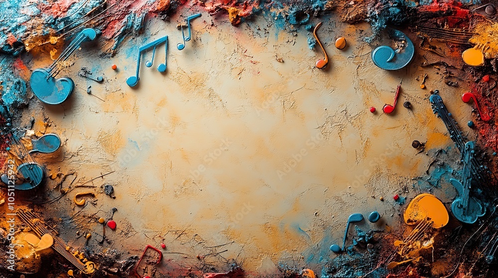 Aufkleber colorful background filled with music notes and instruments, providing space for text or designs.
