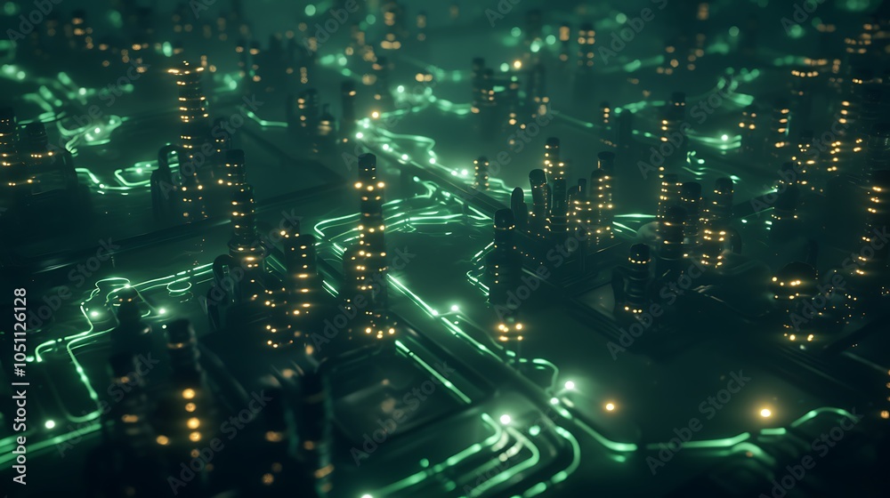 Poster Sprawling Futuristic Fuel Infrastructure Network with Glowing Pipelines and Robotic Monitoring