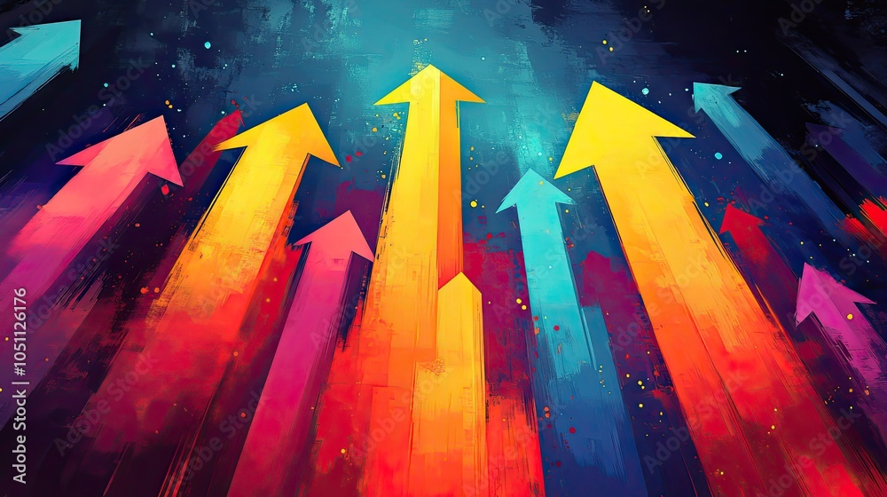 Poster colorful background with arrows pointing upwards, symbolizing growth and success, representing an up