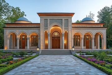 Obraz premium A grand brick building with intricate architectural details.